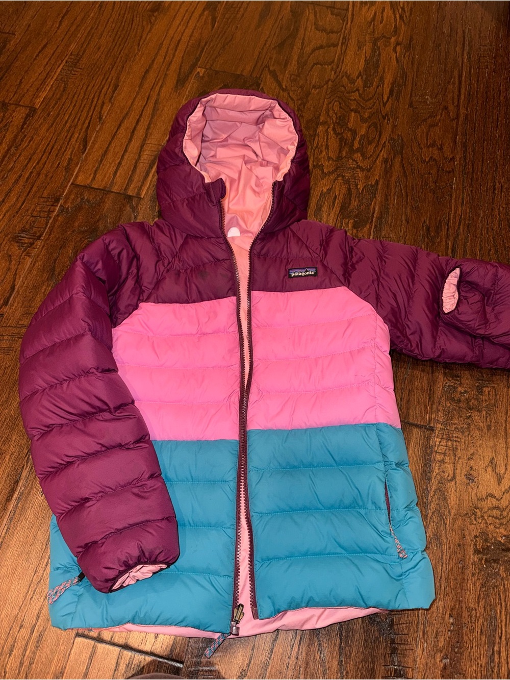 Patagonia Girls Colorblock Hooded Puffer Jacket in Plum, Pink & Teal
